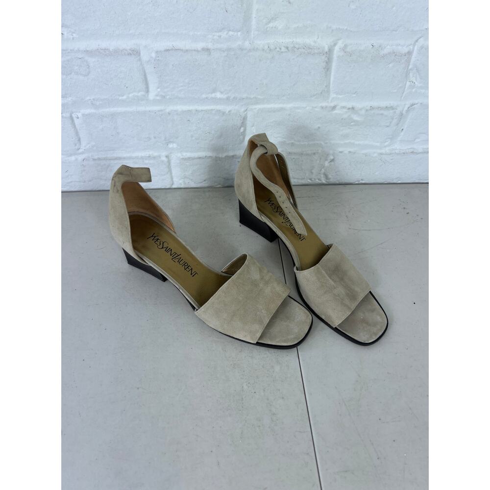 Yves Saint Laurent Women's Suede Open Toe Sandals Low Block Heel Beige Size 8.5